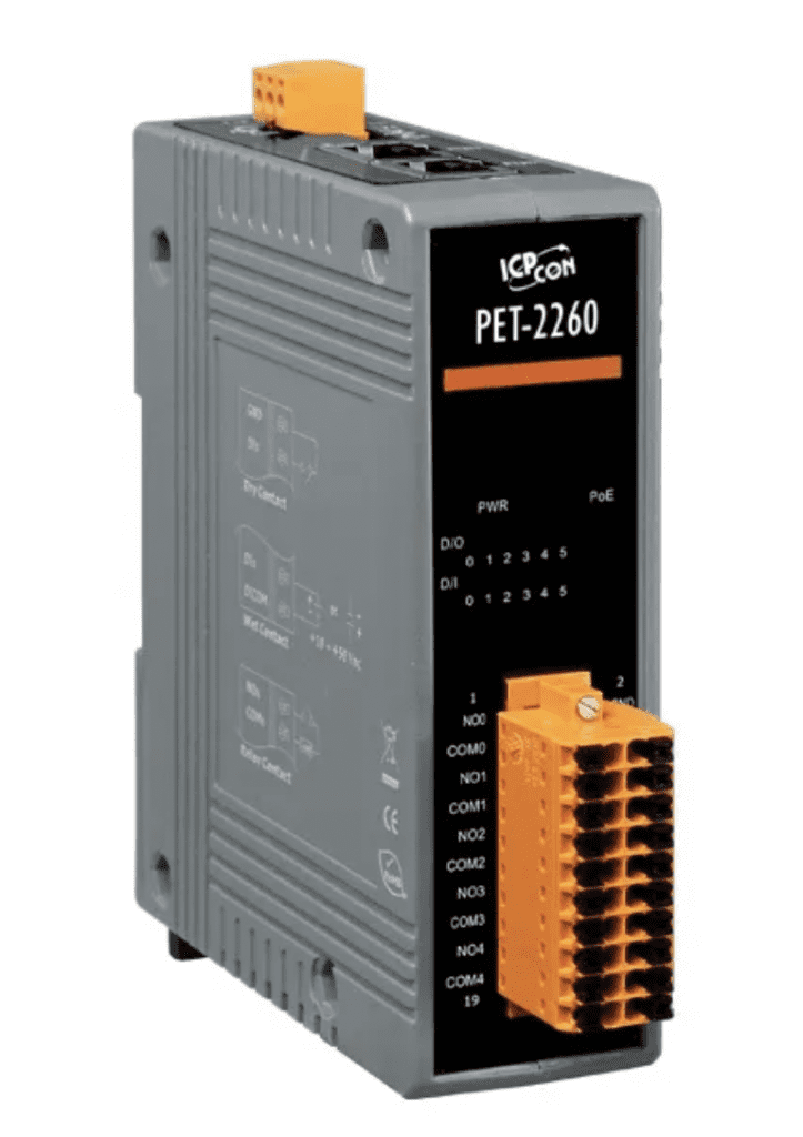 PET-2260 - Módulo Ethernet PoE com 6 Canais Entrada Digital, 6 Canais Relé de Potência e 2 Ethernet Switch